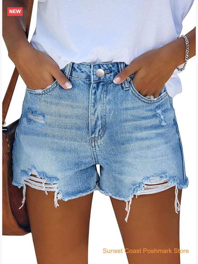 Distressed Denim Shorts High Rise Ripped Raw Hem Casual Summer